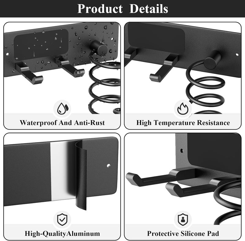 Tindbea Hair Dryer Holder + Curling Iron Holder,Blow Dryer Holder Wall Mount, Bathroom Hair Tool Organizer Rack for Universal Dryer Matte Black - Image 4